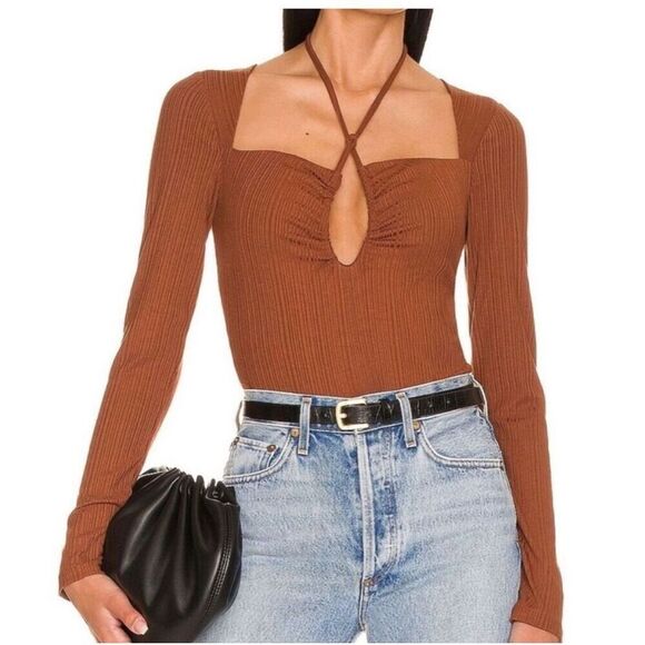 NWT NBD Revolve Halter Neck Peek a Boo Brown Ribbed Long Sleeve Bodysuit Size L - Picture 1 of 9